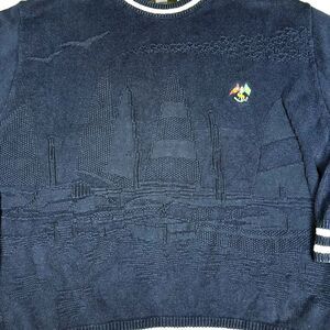 Vintage 90s Sweater L Navy Knit Sailboat Nautical Jacquard USA Made Preppy